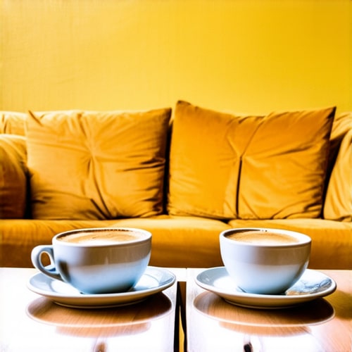 AI Design for Two cups of coffee on smooth wooden table, cozy home atmosphere, yellow background, for logo with space for text in the middle. add couch behind cups. make couch lower