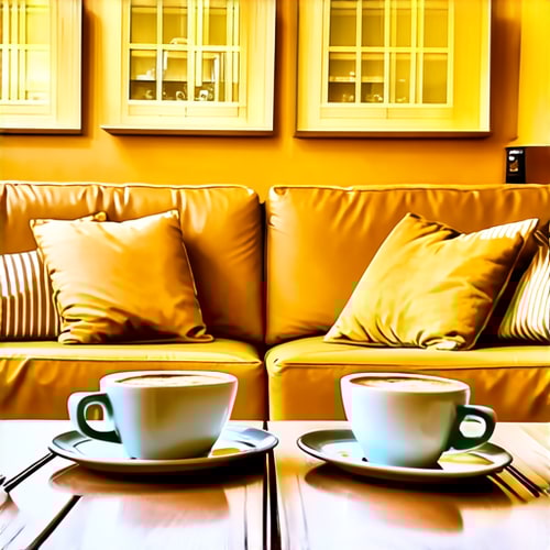 AI Design for Two cups of coffee on smooth wooden table, cozy home atmosphere, yellow background, for logo with space for text in the middle. add couch behind cups. make couch lower