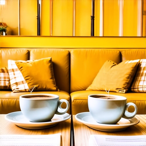 AI Design for Two cups of coffee on table, cozy home atmosphere, yellow background, for logo with space for text in the middle. add couch behind cups. make wooden table