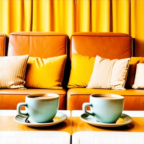 AI Design for Two cups of coffee on table, cozy home atmosphere, yellow background, for logo with space for text in the middle. add couch behind cups. make wooden table