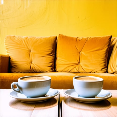 AI Design for Two cups of coffee on table, cozy home atmosphere, yellow background, for logo with space for text in the middle. add couch behind cups. make wooden table
