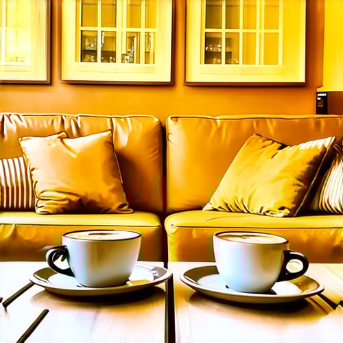AI Design for Two cups of coffee on table, cozy home atmosphere, yellow background, for logo with space for text in the middle. add couch behind cups. make wooden table