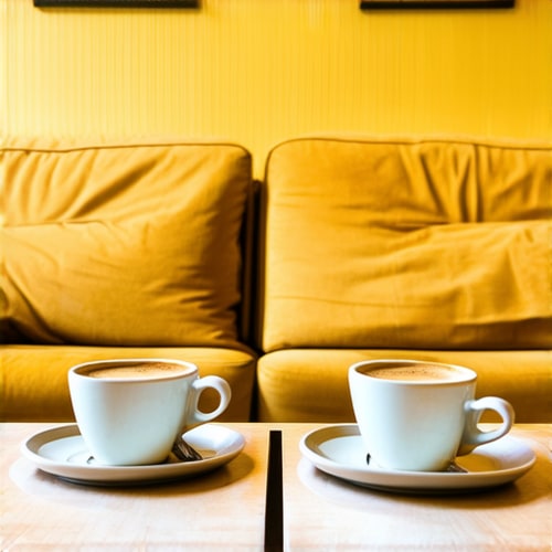 AI Design for Two cups of coffee on table, cozy home atmosphere, yellow background, for logo with space for text in the middle. add couch behind cups. make couch lower. turn into logo