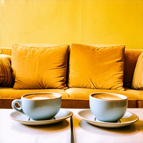 AI Design for Two cups of coffee on table, cozy home atmosphere, yellow background, for logo with space for text in the middle. add couch behind cups. make couch lower. turn into logo