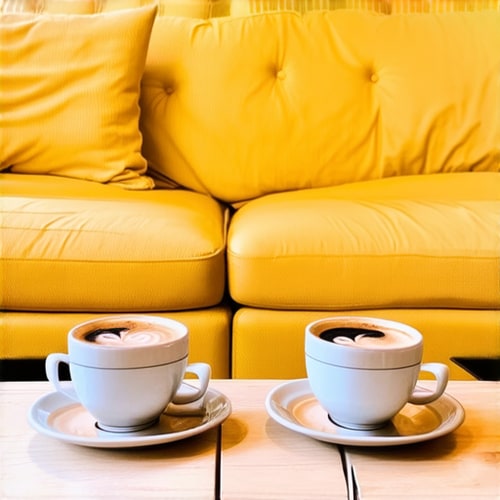AI Design for Two cups of coffee on table, cozy home atmosphere, yellow background, for logo with space for text in the middle. add couch behind cups. make couch lower. turn into logo