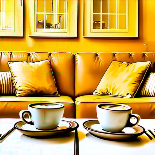 AI Design for Two cups of coffee on table, cozy home atmosphere, yellow background, for logo with space for text in the middle. add couch behind cups. make couch lower. turn into logo