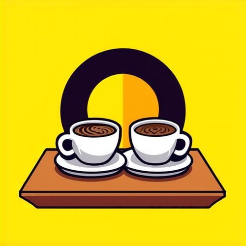 AI Design for Two cups of coffee on table, cozy home atmosphere, yellow background, for logo with space for text in the middle