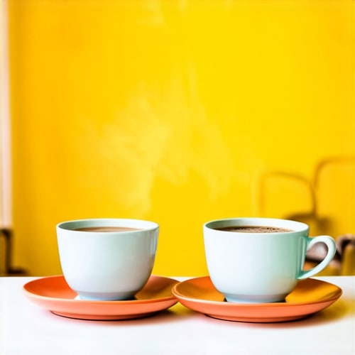 AI Design for Two cups of coffee on table, cozy home atmosphere, yellow background, for logo with space for text in the middle