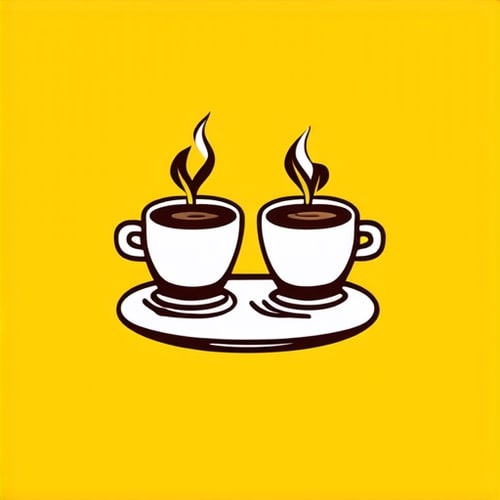 AI Design for Two cups of coffee on table, cozy home atmosphere, yellow background, for logo with space for text in the middle
