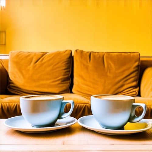 AI Design for Two cups of coffee on wooden table, cozy home atmosphere, yellow background, for logo with space for text in the middle. add couch behind cups. make couch lower