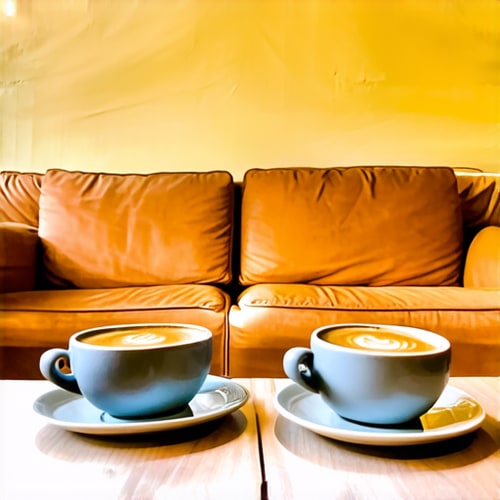 AI Design for Two cups of coffee on wooden table, cozy home atmosphere, yellow background, for logo with space for text in the middle. add couch behind cups. make couch lower