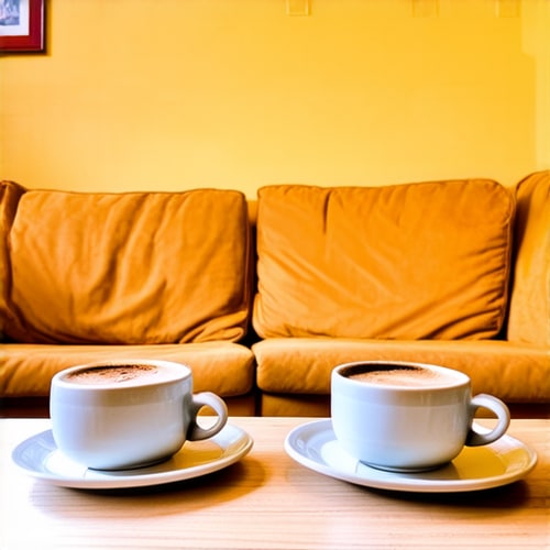 AI Design for Two cups of coffee on wooden table, cozy home atmosphere, yellow background, for logo with space for text in the middle. add couch behind cups. make couch lower
