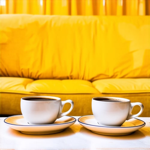 AI Design for Two cups of coffee on table, cozy home atmosphere, yellow background, for logo with space for text in the middle. add couch behind cups