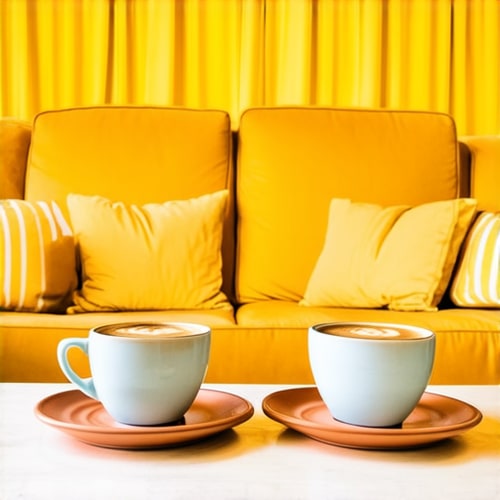 AI Design for Two cups of coffee on table, cozy home atmosphere, yellow background, for logo with space for text in the middle. add couch behind cups