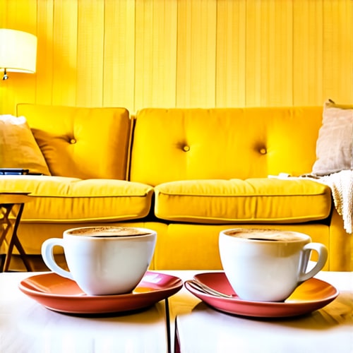 AI Design for Two cups of coffee on table, cozy home atmosphere, yellow background, for logo with space for text in the middle. add couch behind cups