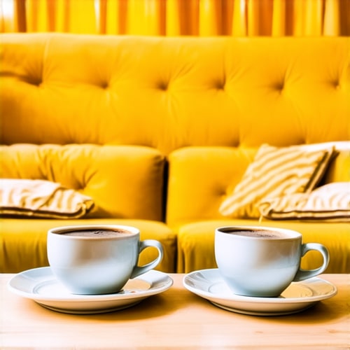 AI Design for Two cups of coffee on table, cozy home atmosphere, yellow background, for logo with space for text in the middle. add couch behind cups. make couch lower