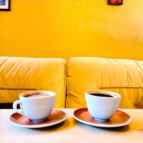 AI Design for Two cups of coffee on table, cozy home atmosphere, yellow background, for logo with space for text in the middle. add couch behind cups. make couch lower