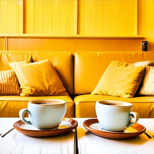 AI Design for Two cups of coffee on table, cozy home atmosphere, yellow background, for logo with space for text in the middle. add couch behind cups. make couch lower
