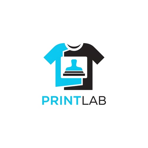 AI Design for A minimalist vector logotype for a T-shirt customization shop, integrating an abstract garment shape or screen printing element with the wordmark "PRINTLAB" — Centered, balanced, clean composition optimized for scalability, suitable for branding and apparel use — Restricted to two highly contrasting, modern colors (e.g., cyan and black) on white — Flat, even graphic lighting ensuring maximum clarity and readability — Clean, geometric vector logo design, emphasizing simplicity and functionality — Output as a simplified 2D graphic; avoid photographic realism or 3D effects; Keep text/logos/labels EXACTLY unchanged: "PRINTLAB"; no rewriting, redrawing, correcting, or adding any text — Isolated presentation on a solid white canvas.
