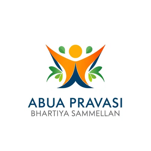 AI Design for Pictorial logo for an event promoting diaspora engagement and national development named "ABUA PRAVASI BHARTIYA SAMMELAN": A stylized Birsa Munda's iconic imagery, with outward and inward-pointing arrows symbolizing progress and return. Color palette: Saffron, deep blue, and emerald green. Typography: Elegant and modern sans-serif with a subtle flourish. Design inspired by Indian motifs and modern geometric art, featuring clean lines and a sense of optimism. Visual execution details: Abstract geometric shapes reminiscent of tribal art or Munda motifs should subtly form people icon and incorporate elements suggestive of Birsa Munda, with arrows integrated to show movement and connection. Background type: Clean white or a subtle gradient of saffron to orange.
