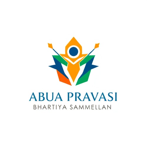 AI Design for Pictorial logo for an event promoting diaspora engagement and national development named "ABUA PRAVASI BHARTIYA SAMMELAN": A stylized Birsa Munda's iconic imagery, with outward and inward-pointing arrows symbolizing progress and return. Color palette: Saffron, deep blue, and emerald green. Typography: Elegant and modern sans-serif with a subtle flourish. Design inspired by Indian motifs and modern geometric art, featuring clean lines and a sense of optimism. Visual execution details: Abstract geometric shapes reminiscent of tribal art or Munda motifs should subtly form people icon and incorporate elements suggestive of Birsa Munda, with arrows integrated to show movement and connection. Background type: Clean white or a subtle gradient of saffron to orange.