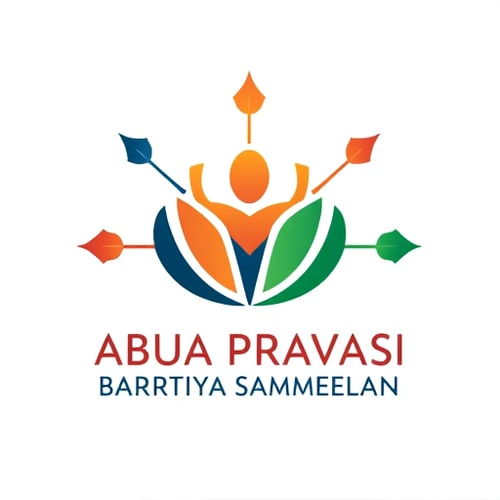 AI Design for Pictorial logo for an event promoting diaspora engagement and national development named "ABUA PRAVASI BHARTIYA SAMMELAN": A stylized Birsa Munda's iconic imagery, with outward and inward-pointing arrows symbolizing progress and return. Color palette: Saffron, deep blue, and emerald green. Typography: Elegant and modern samarkan with a subtle flourish. Design inspired by Indian motifs and old art, featuring clean lines and a sense of optimism. Visual execution details: Abstract old shapes reminiscent of tribal art or Munda motifs should subtly form people icon focusing on growth and incorporate elements suggestive of Birsa Munda, with arrows integrated to show movement and connection. Background type: Clean white or a subtle gradient of saffron to orange.