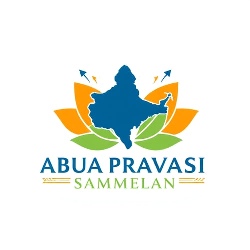 AI Design for Pictorial logo for a event promoting diaspora engagement and national development named "ABUA PRAVASI BHARTIYA SAMMELAN": A stylized map of Jharkhand withBirsa Munda Ji+, with arrows representing progress and return, Color palette: Saffron, deep blue, and emerald green. Typography: Elegant and modern sans-serif with a subtle flourish. Design inspired by Indian motifs and modern geometric art, featuring clean lines and a sense of optimism. Visual execution details: The lotus petals should subtly form abstract hands reaching towards or embracing the map. Background type: Clean white or a subtle gradient of saffron to orange. Add birsa munda from jharkhand