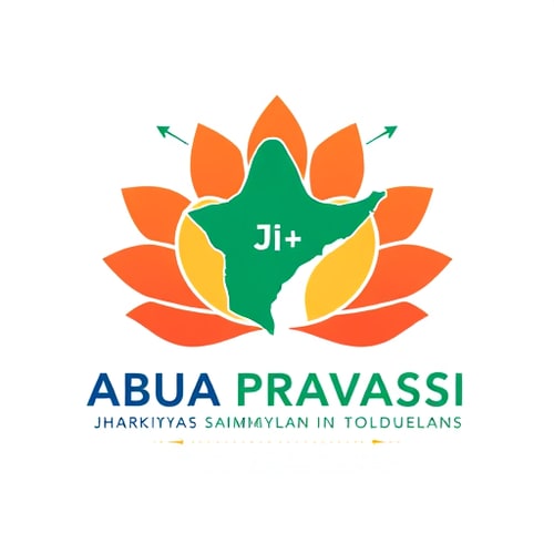 AI Design for Pictorial logo for a event promoting diaspora engagement and national development named "ABUA PRAVASI BHARTIYA SAMMELAN": A stylized map of Jharkhand withBirsa Munda Ji+, with arrows representing progress and return, Color palette: Saffron, deep blue, and emerald green. Typography: Elegant and modern sans-serif with a subtle flourish. Design inspired by Indian motifs and modern geometric art, featuring clean lines and a sense of optimism. Visual execution details: The lotus petals should subtly form abstract hands reaching towards or embracing the map. Background type: Clean white or a subtle gradient of saffron to orange. Add birsa munda from jharkhand