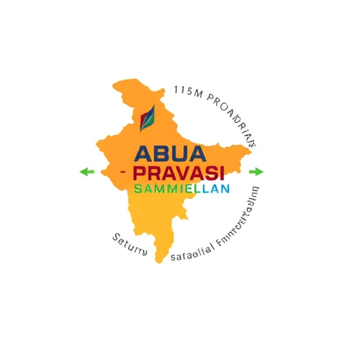 AI Design for Pictorial logo for an event promoting diaspora engagement and national development named "ABUA PRAVASI BHARTIYA SAMMELAN": A stylized map of Jharkhand subtly incorporating Birsa Munda's iconic imagery, with outward and inward-pointing arrows symbolizing progress and return. Color palette: Saffron, deep blue, and emerald green. Typography: Elegant and modern sans-serif with a subtle flourish. Design inspired by Indian motifs and modern geometric art, featuring clean lines and a sense of optimism. Visual execution details: Abstract geometric shapes reminiscent of tribal art or Munda motifs should subtly form the contours of the map and incorporate elements suggestive of Birsa Munda, with arrows integrated to show movement and connection. Background type: Clean white or a subtle gradient of saffron to orange.