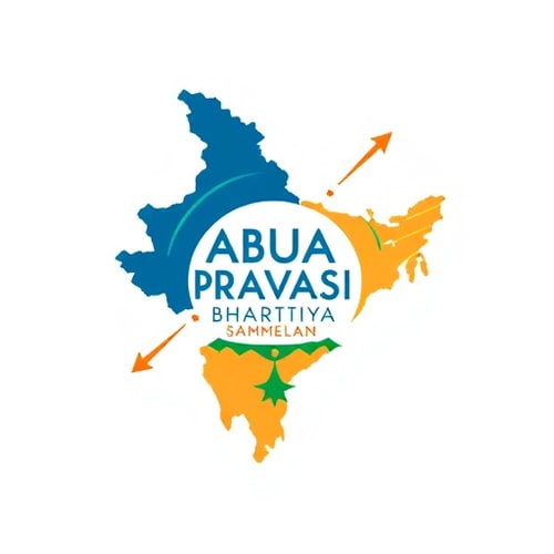 AI Design for Pictorial logo for an event promoting diaspora engagement and national development named "ABUA PRAVASI BHARTIYA SAMMELAN": A stylized map of Jharkhand subtly incorporating Birsa Munda's iconic imagery, with outward and inward-pointing arrows symbolizing progress and return. Color palette: Saffron, deep blue, and emerald green. Typography: Elegant and modern sans-serif with a subtle flourish. Design inspired by Indian motifs and modern geometric art, featuring clean lines and a sense of optimism. Visual execution details: Abstract geometric shapes reminiscent of tribal art or Munda motifs should subtly form the contours of the map and incorporate elements suggestive of Birsa Munda, with arrows integrated to show movement and connection. Background type: Clean white or a subtle gradient of saffron to orange.