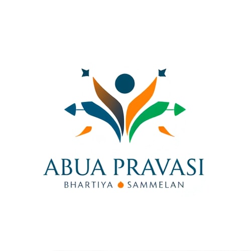 AI Design for Pictorial logo for an event promoting diaspora engagement and national development named "ABUA PRAVASI BHARTIYA SAMMELAN": A stylized Birsa Munda's iconic imagery, with outward and inward-pointing arrows symbolizing progress and return. Color palette: Saffron, deep blue, and emerald green. Typography: Elegant and modern sans-serif with a subtle flourish. Design inspired by Indian motifs and old art, featuring clean lines and a sense of optimism. Visual execution details: Abstract old shapes reminiscent of tribal art or Munda motifs should subtly form people icon and incorporate elements suggestive of Birsa Munda, with arrows integrated to show movement and connection. Background type: Clean white or a subtle gradient of saffron to orange.