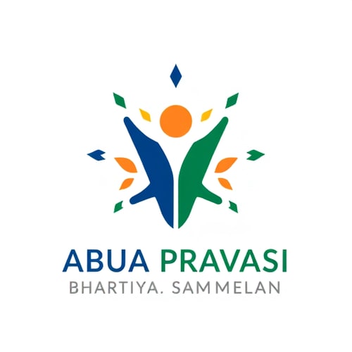 AI Design for Pictorial logo for an event promoting diaspora engagement and national development named "ABUA PRAVASI BHARTIYA SAMMELAN": A stylized Birsa Munda's iconic imagery, with outward and inward-pointing arrows symbolizing progress and return. Color palette: Saffron, deep blue, and emerald green. Typography: Elegant and modern sans-serif with a subtle flourish. Design inspired by Indian motifs and old art, featuring clean lines and a sense of optimism. Visual execution details: Abstract old shapes reminiscent of tribal art or Munda motifs should subtly form people icon and incorporate elements suggestive of Birsa Munda, with arrows integrated to show movement and connection. Background type: Clean white or a subtle gradient of saffron to orange.