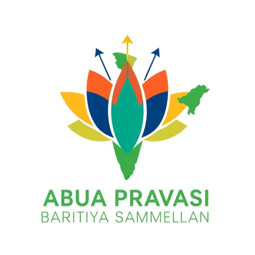 AI Design for Pictorial logo for a event promoting diaspora engagement and national development named "ABUA PRAVASI BHARTIYA SAMMELAN": A stylized lotus flower blooming from a map of India, with upward-pointing arrows representing progress and return, Color palette: Saffron, deep blue, and emerald green. Typography: Elegant and modern sans-serif with a subtle flourish. Design inspired by Indian motifs and modern geometric art, featuring clean lines and a sense of optimism. Visual execution details: The lotus petals should subtly form abstract hands reaching towards or embracing the map. Background type: Clean white or a subtle gradient of saffron to orange. Add birsa munda from jharkhand