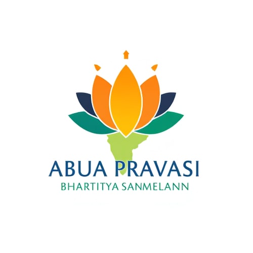AI Design for Pictorial logo for a event promoting diaspora engagement and national development named "ABUA PRAVASI BHARTIYA SAMMELAN": A stylized lotus flower blooming from a map of India, with upward-pointing arrows representing progress and return, Color palette: Saffron, deep blue, and emerald green. Typography: Elegant and modern sans-serif with a subtle flourish. Design inspired by Indian motifs and modern geometric art, featuring clean lines and a sense of optimism. Visual execution details: The lotus petals should subtly form abstract hands reaching towards or embracing the map. Background type: Clean white or a subtle gradient of saffron to orange. Add birsa munda from jharkhand
