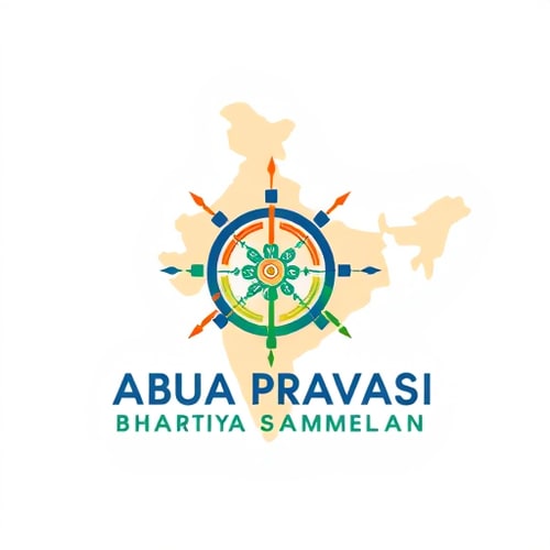 AI Design for Pictorial logo for an event promoting diaspora engagement and national development named "ABUA PRAVASI BHARTIYA SAMMELAN": A stylized Birsa Munda's iconic imagery, with outward and inward-pointing arrows symbolizing progress and return. Color palette: Saffron, deep blue, and emerald green. Typography: Elegant and modern sans-serif with a subtle flourish. Design inspired by Indian motifs and modern geometric art, featuring clean lines and a sense of optimism. Visual execution details: Abstract geometric shapes reminiscent of tribal art or Munda motifs should subtly form the contours of the map and incorporate elements suggestive of Birsa Munda, with arrows integrated to show movement and connection. Background type: Clean white or a subtle gradient of saffron to orange.