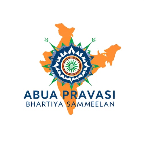 AI Design for Pictorial logo for an event promoting diaspora engagement and national development named "ABUA PRAVASI BHARTIYA SAMMELAN": A stylized Birsa Munda's iconic imagery, with outward and inward-pointing arrows symbolizing progress and return. Color palette: Saffron, deep blue, and emerald green. Typography: Elegant and modern sans-serif with a subtle flourish. Design inspired by Indian motifs and modern geometric art, featuring clean lines and a sense of optimism. Visual execution details: Abstract geometric shapes reminiscent of tribal art or Munda motifs should subtly form the contours of the map and incorporate elements suggestive of Birsa Munda, with arrows integrated to show movement and connection. Background type: Clean white or a subtle gradient of saffron to orange.