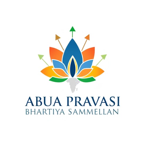 AI Design for Pictorial logo for a conference promoting diaspora engagement and national development named "ABUA PRAVASI BHARTIYA SAMMELAN": A stylized lotus flower blooming from a map of India, with upward-pointing arrows representing progress and return, Color palette: Saffron, deep blue, and emerald green. Typography: Elegant and modern sans-serif with a subtle flourish. Design inspired by Indian motifs and modern geometric art, featuring clean lines and a sense of optimism. Visual execution details: The lotus petals should subtly form abstract hands reaching towards or embracing the map. Background type: Clean white or a subtle gradient of saffron to orange.
