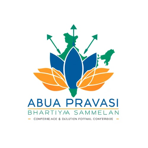 AI Design for Pictorial logo for a conference promoting diaspora engagement and national development named "ABUA PRAVASI BHARTIYA SAMMELAN": A stylized lotus flower blooming from a map of India, with upward-pointing arrows representing progress and return, Color palette: Saffron, deep blue, and emerald green. Typography: Elegant and modern sans-serif with a subtle flourish. Design inspired by Indian motifs and modern geometric art, featuring clean lines and a sense of optimism. Visual execution details: The lotus petals should subtly form abstract hands reaching towards or embracing the map. Background type: Clean white or a subtle gradient of saffron to orange.