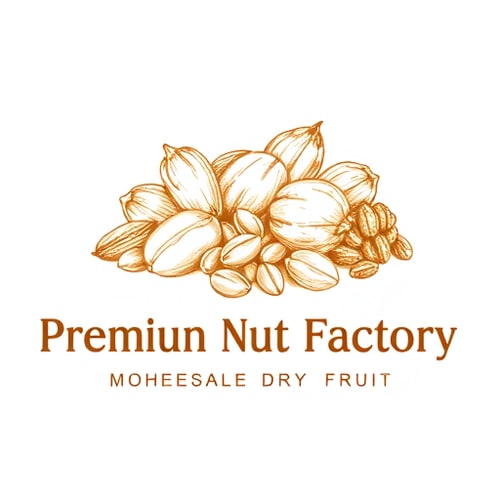 AI Design for this is the logo for Premium Nut FactoryThe logo features several nuts and legumes in a sketch-like, golden-brown style, including what looks like peanuts and some shelled seeds. Below the main company name, the tagline reads: WHOLESALE DRY FRUIT