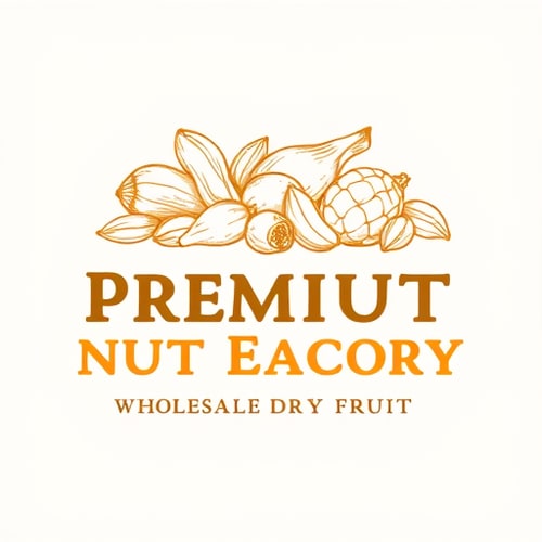 AI Design for this is the logo for Premium Nut FactoryThe logo features several nuts and legumes in a sketch-like, golden-brown style, including what looks like peanuts and some shelled seeds. Below the main company name, the tagline reads: WHOLESALE DRY FRUIT