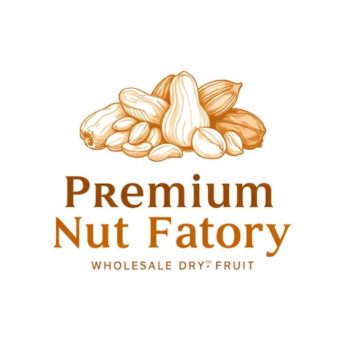 AI Design for this is the logo for Premium Nut FactoryThe logo features several nuts and legumes in a sketch-like, golden-brown style, including what looks like peanuts and some shelled seeds. Below the main company name, the tagline reads: WHOLESALE DRY FRUIT
