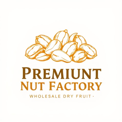 AI Design for this is the logo for Premium Nut FactoryThe logo features several nuts and legumes in a sketch-like, golden-brown style, including what looks like peanuts and some shelled seeds. Below the main company name, the tagline reads: WHOLESALE DRY FRUIT