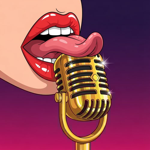 AI Design for Sexy podcast logo illustration template. mouth licking  golden microphone dont write text