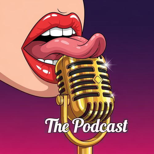 AI Design for Sexy podcast logo illustration template. mouth licking  golden microphone