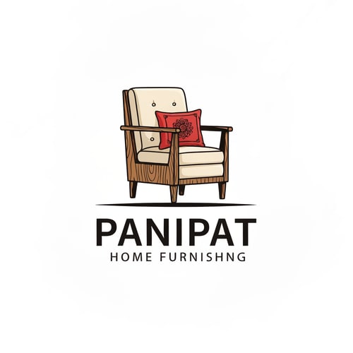 AI Design for generate a sleek vector logo of a brand named panipat home furnishing showing a wooden chair with subtle wood texture dont add any lineart and soft cover on the sitting area and backrest area and add a contrasting pillow with indian motif on it