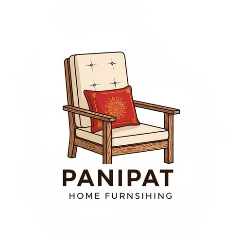 AI Design for generate a sleek vector logo of a brand named panipat home furnishing showing a wooden chair with subtle wood texture no lineart and soft cover on the sitting area and backrest area and add a contrasting pillow with indian motif on it