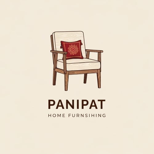 AI Design for generate a sleek vector logo of a brand named panipat home furnishing showing a wooden chair with subtle wood texture dont add any lineart and soft cover on the sitting area and backrest area and add a contrasting pillow with indian motif on it