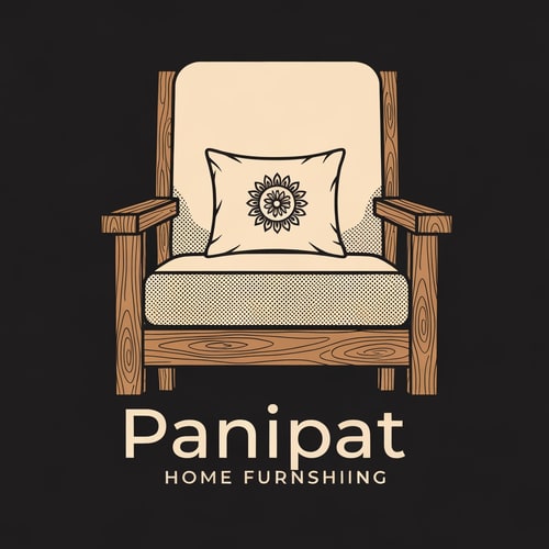 AI Design for generate a sleek vector logo of a brand named panipat home furnishing showing a wooden chair with subtle wood texture no lineart and soft cover on the sitting area and backrest area and add a contrasting pillow with indian motif on it