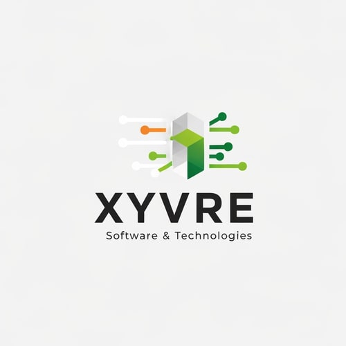 AI Design for Lgo for a futuristic technology company named "Xyvre Software & Technologies": Abstract geometric representation of interconnected data streams, Saffron, White, and Green color palette.