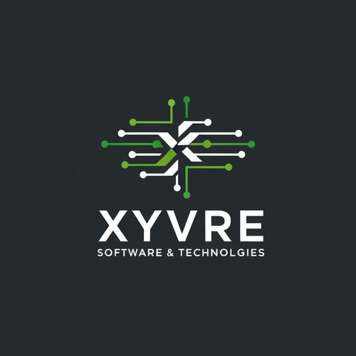 AI Design for Logo for a futuristic technology company named "Xyvre Software & Technologies": Abstract geometric representation of interconnected data streams, Saffron, White, and Green color palette.